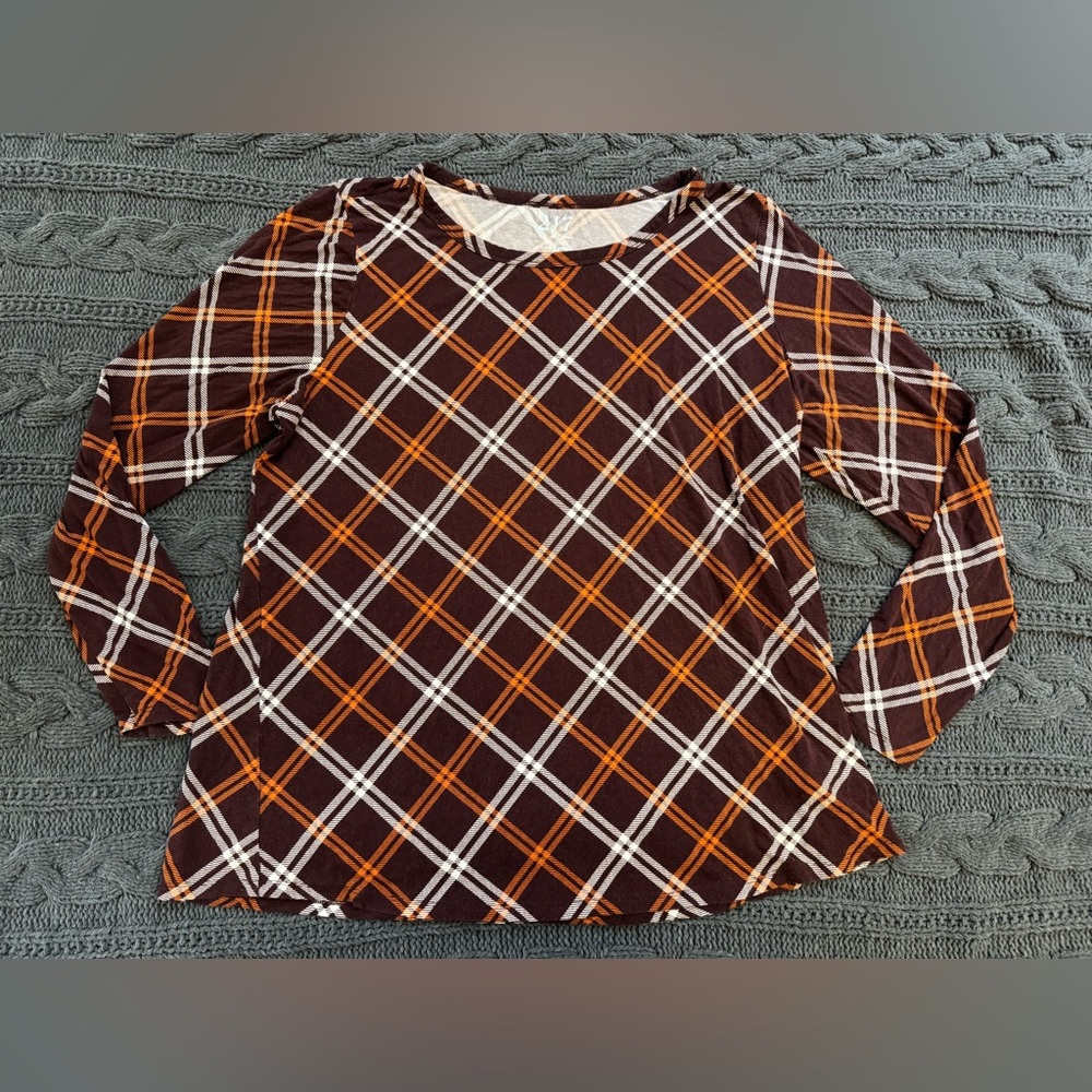 Maurices 24/7 Long Sleeve Top (Women's 1X) Burgundy, Orange, & White